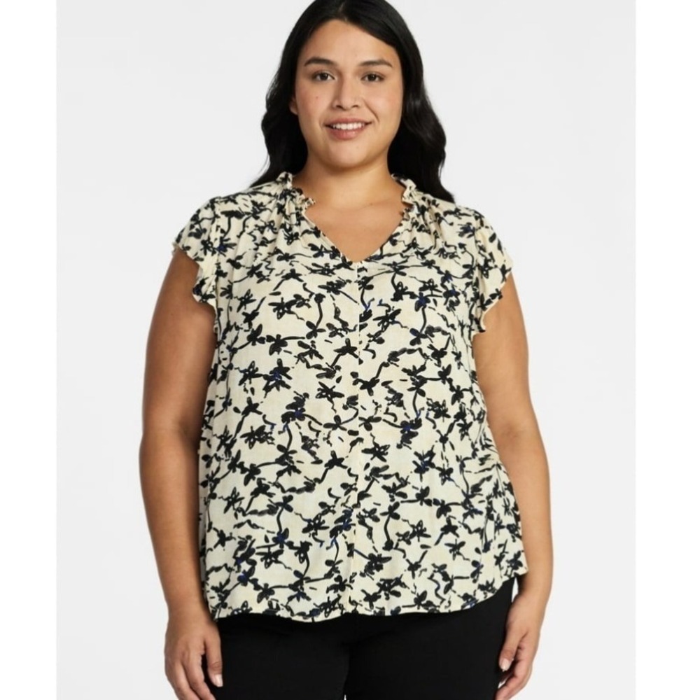 Terra & Sky Flutter‎ Sleeve Blouse Batik Floral Whipped Cream 3X (24W–26W) NWT